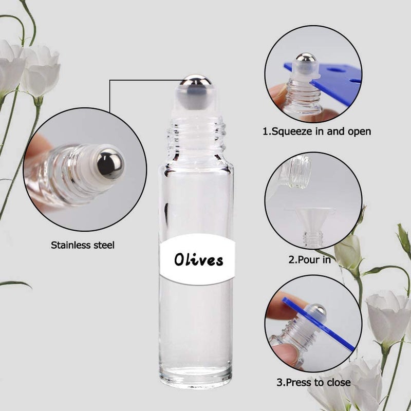 sungwoo 12 Pack Essential Oil Roller Bottles  10ml Clear Glass Roller Bottles with Stainless Steel Roller Balls and Caps for Travel  Perfume and Lip Gloss - Image 5
